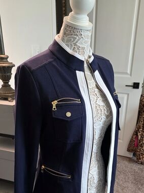 Boston Proper - Navy/White 6 Pockets,Zip-Front Women's Jacket with Gold Hardware